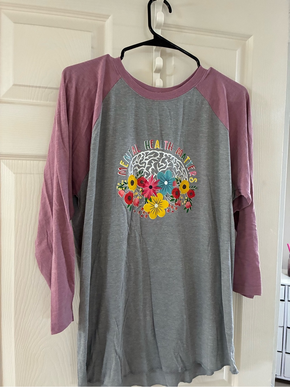 Women’s Raglan Tee - Gray Body with Mauve Sleeves - Mental Health Matters